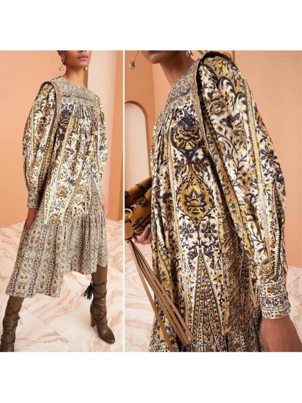 Ulla Johnson Beige and Black Floral Pintuck Tunic